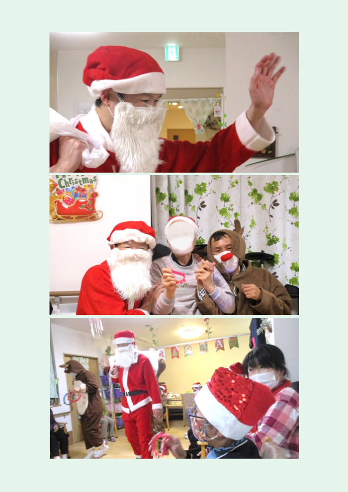 高槻市の上牧の郷で行われたクリスマス会の様子をまとめた画像。施設長がサンタクロースに扮して手を振る場面、利用者さまを囲んでサンタとトナカイの職員が並ぶ場面、そして利用者さまや職員がサンタの登場を楽しみに待つ様子の3枚を1枚に収めた構成。館内がクリスマスムードに包まれ、温かい雰囲気の中で行われたイベントの様子が伝わる写真。
