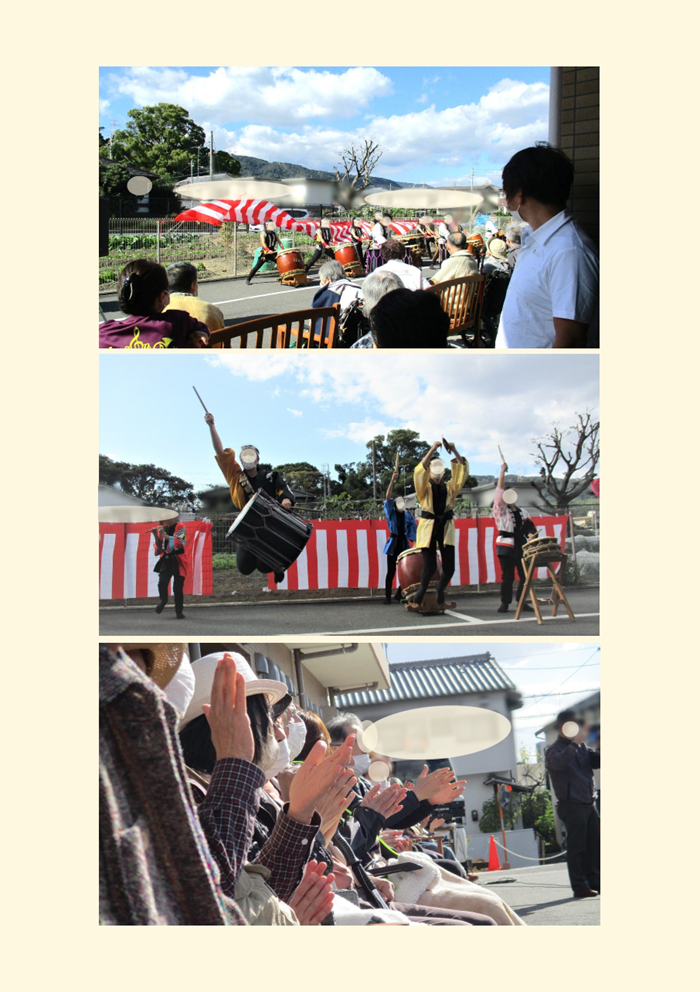 上牧の郷で行われた芥川高校和太鼓部の演奏会の様子をまとめた紙面。演奏直前の準備、太鼓を掲げて跳ねる高校生の躍動感ある演舞、そして利用者さまが笑顔で観覧する場面の3枚を配置している。